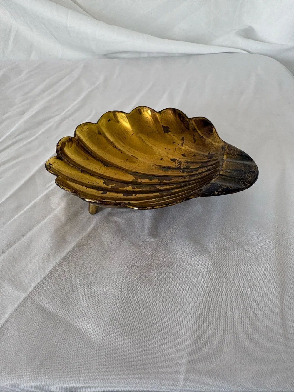 Vintage brass footed sea shell tray trinket holder home decor accent midcentury